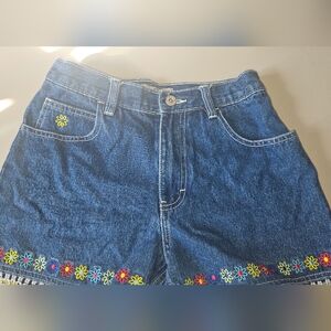 Girls' Dark Blue Denim Shorts with Colorful Daisy Embroidery